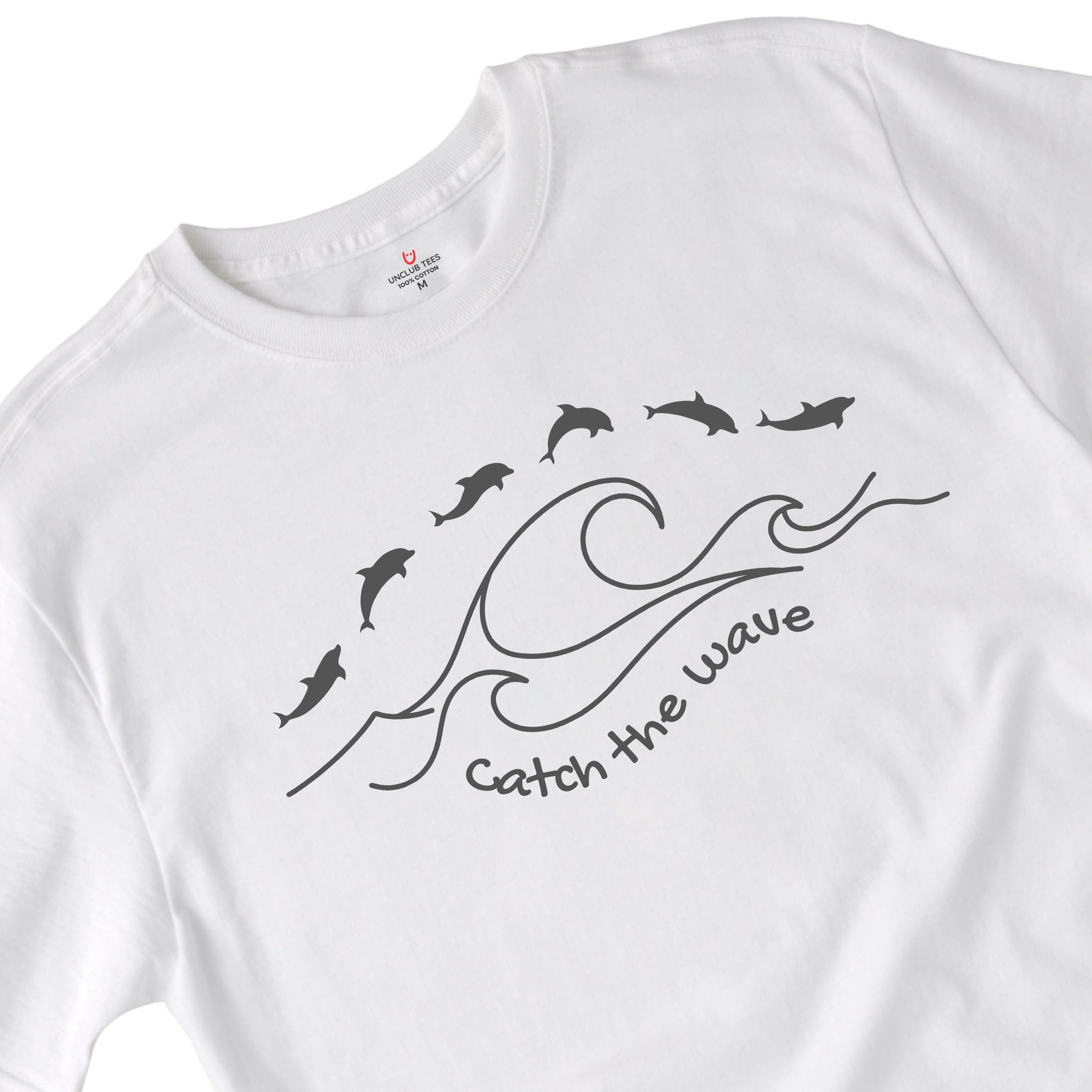 Catch The Wave - Dolphins - Line Art Design Unisex Cotton T-Shirt
