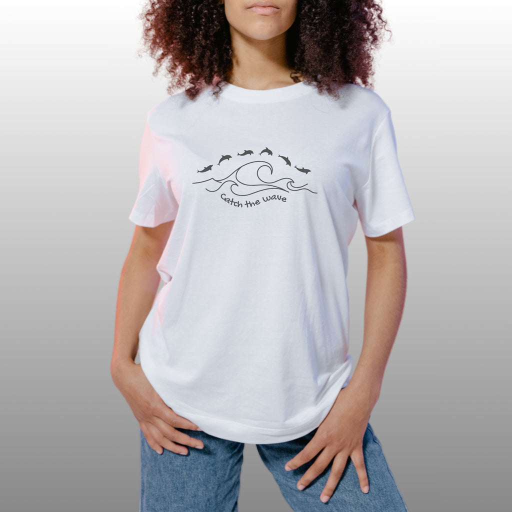 Catch The Wave - Dolphins - Line Art Design Unisex Cotton T-Shirt
