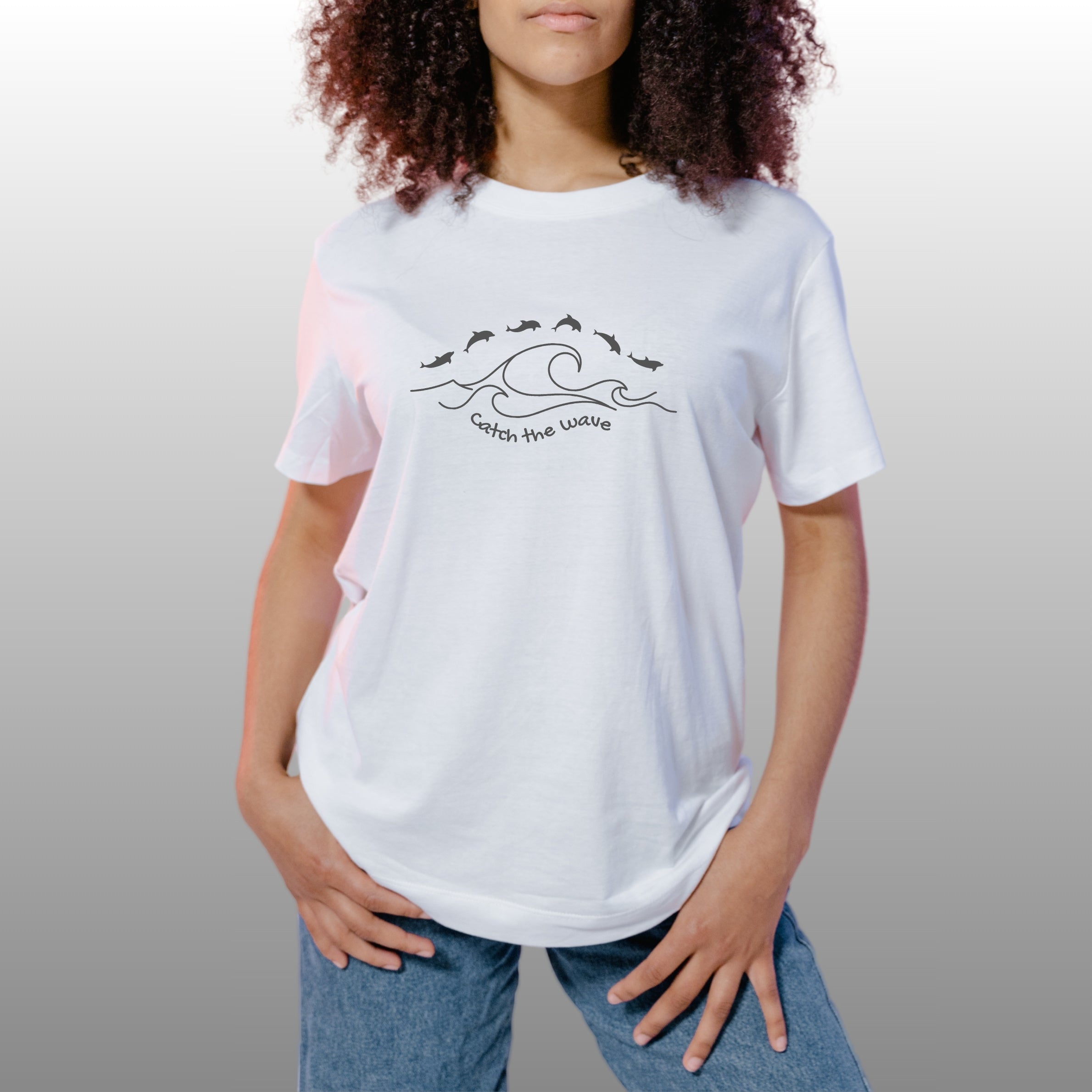 Catch The Wave - Dolphins - Line Art Design Unisex Cotton T-Shirt