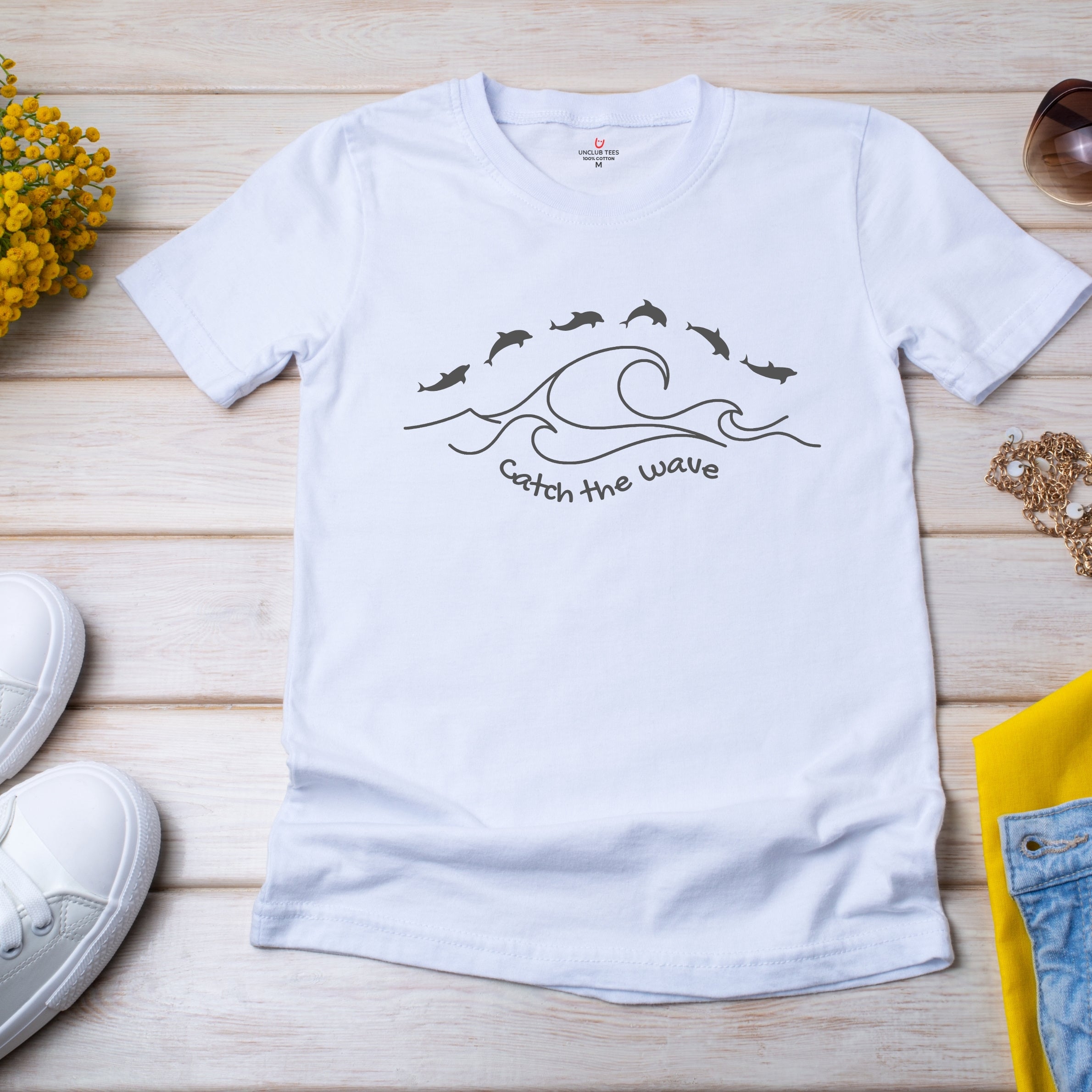 Catch The Wave - Dolphins - Line Art Design Unisex Cotton T-Shirt