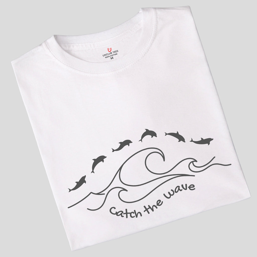 Catch The Wave - Dolphins - Line Art Design Unisex Cotton T-Shirt
